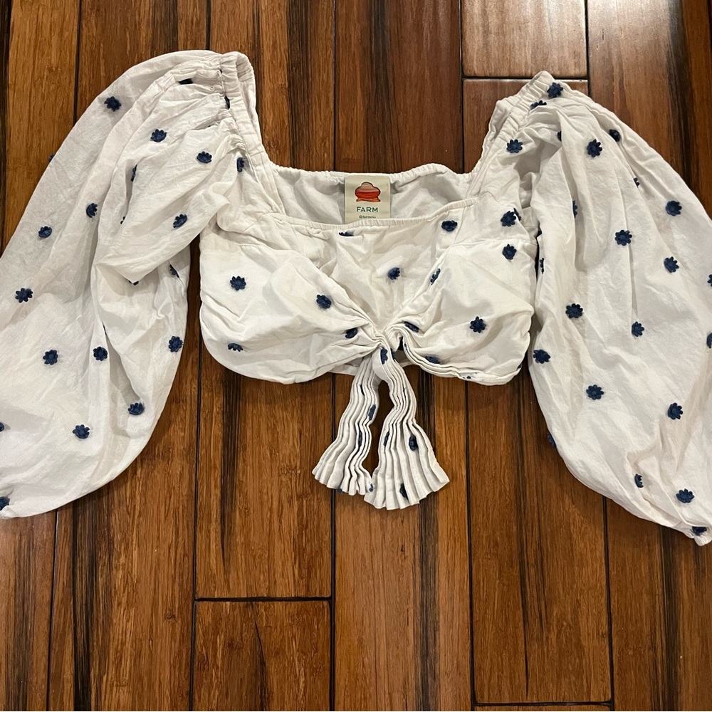 Farm Rio Anthro White Crop 100% Cotton Blouse with Blue Embroidered Flowers S
